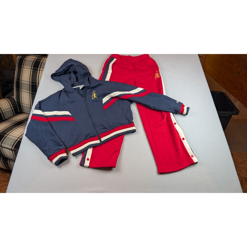 Champion Womens Fleece Tracksuit Set Navy Red Zip Hoodie Snap Pants XL/L
